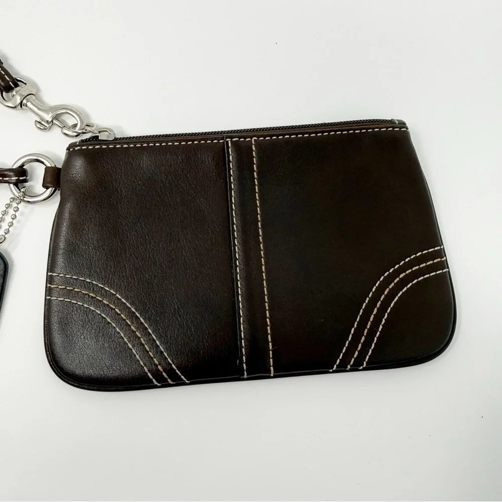 Coach Dark Brown Leather Wristlet Clutch Pouch Purse Zip Top Signature